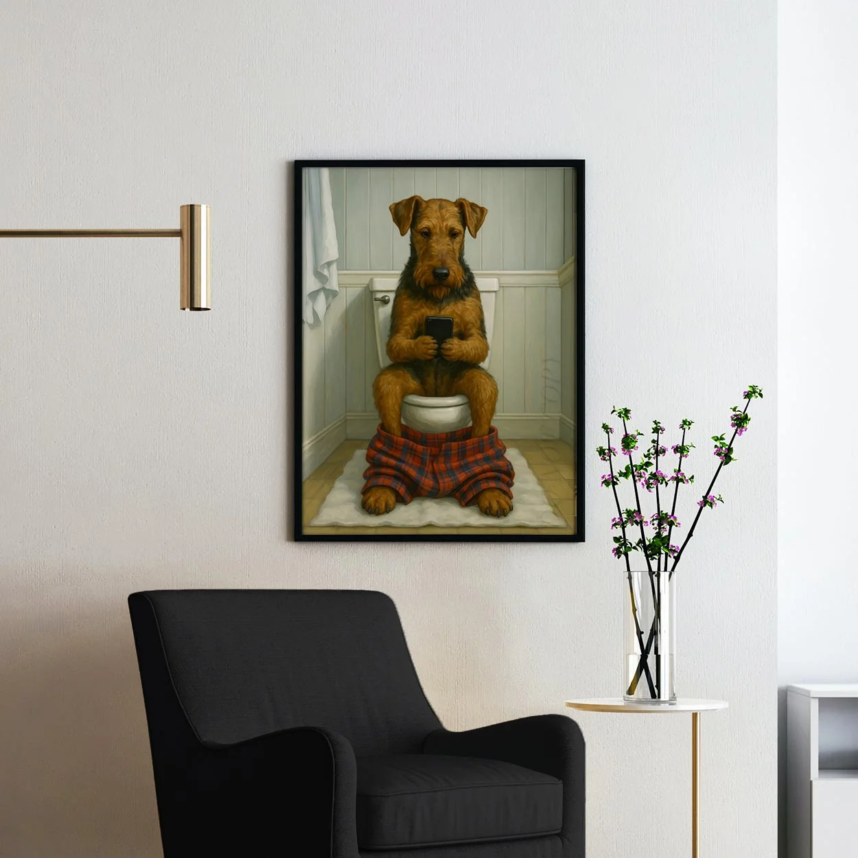 Airedale Terrier Dog On The Phone On The Toilet - Image 2