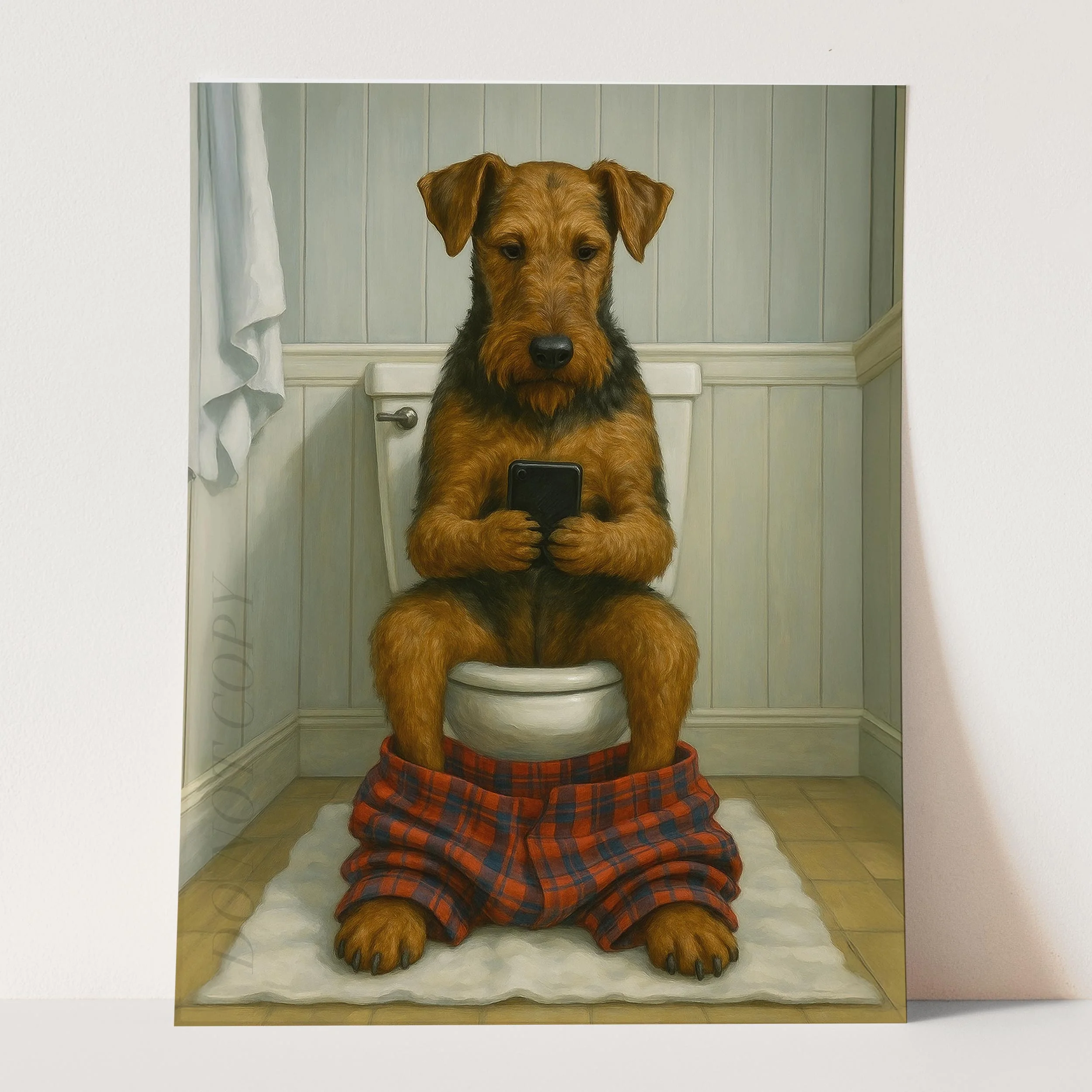 Airedale Terrier Dog On The Phone On The Toilet - Image 3