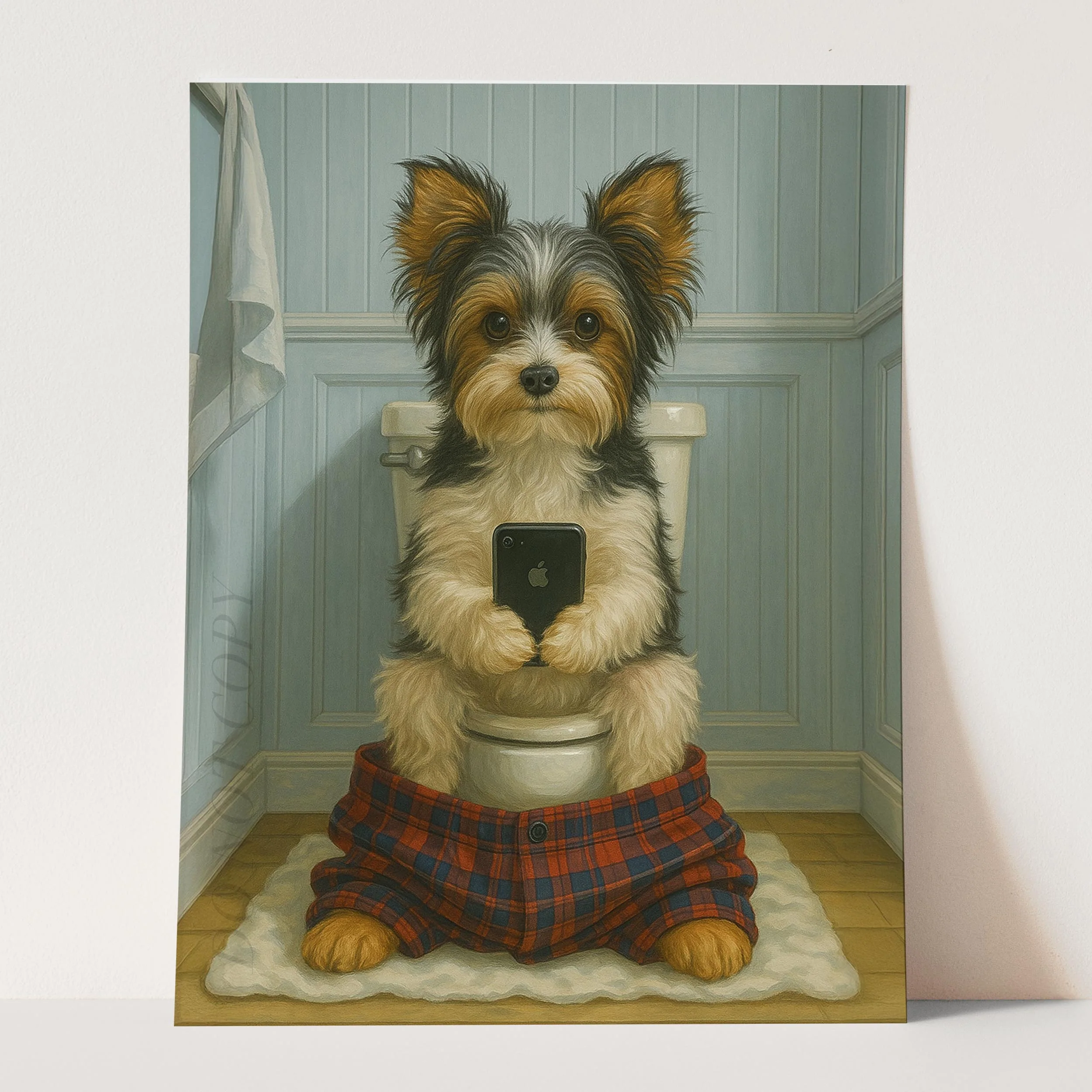 Biewer Terrier Dog On The Phone On The Toilet - Image 3