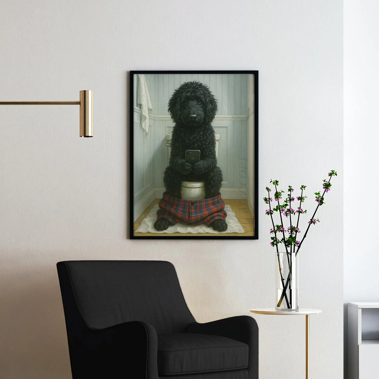 Black Golden Doodle Dog On The Phone On The Toilet - Image 2