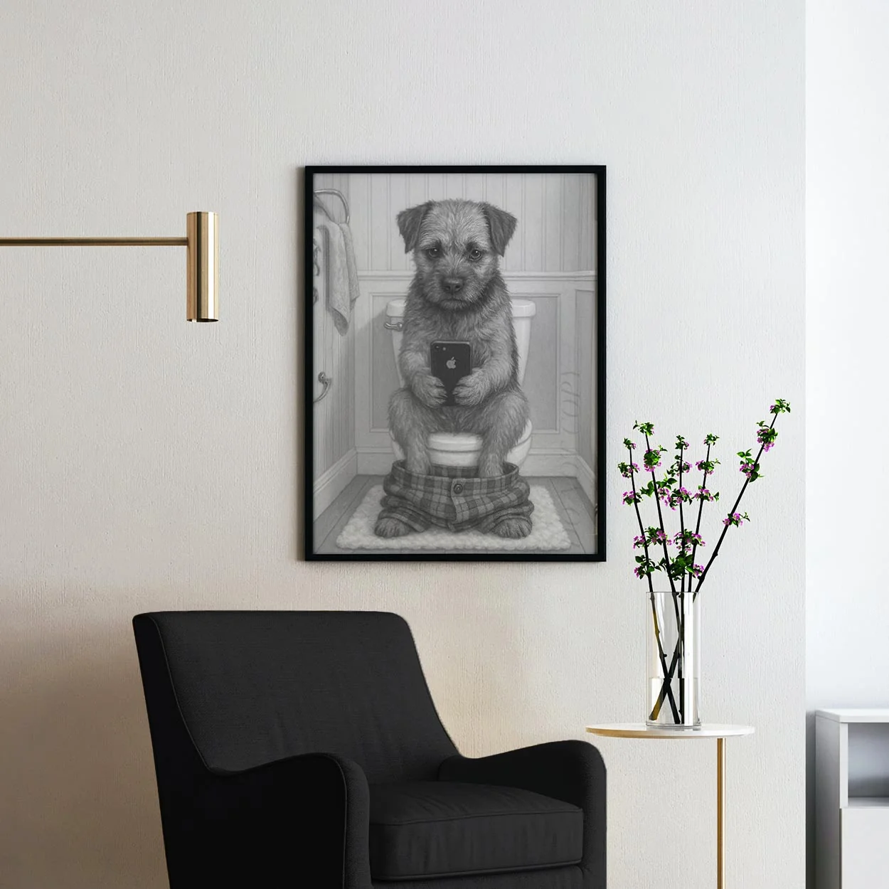 Border Terrier Dog On The Phone On The Toilet - Image 2