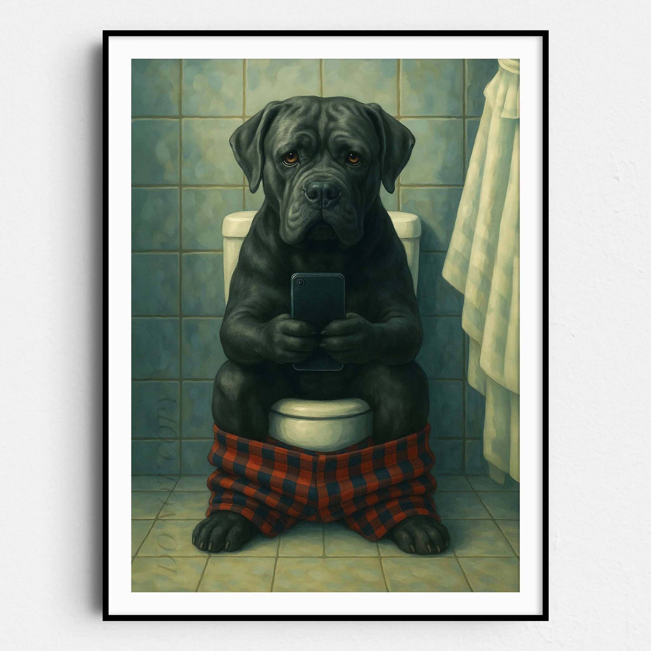 Cane Corso Dog On The Phone On The Toilet