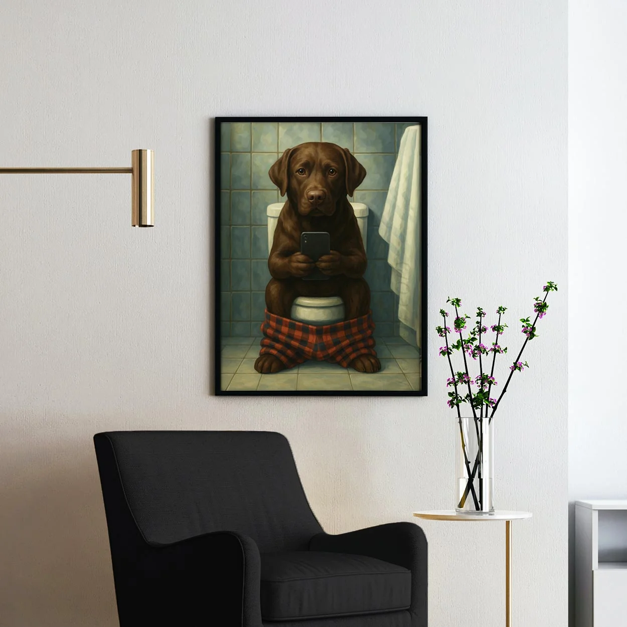 Chocolate Labrador Retriever Dog On The Phone On The Toilet - Image 2