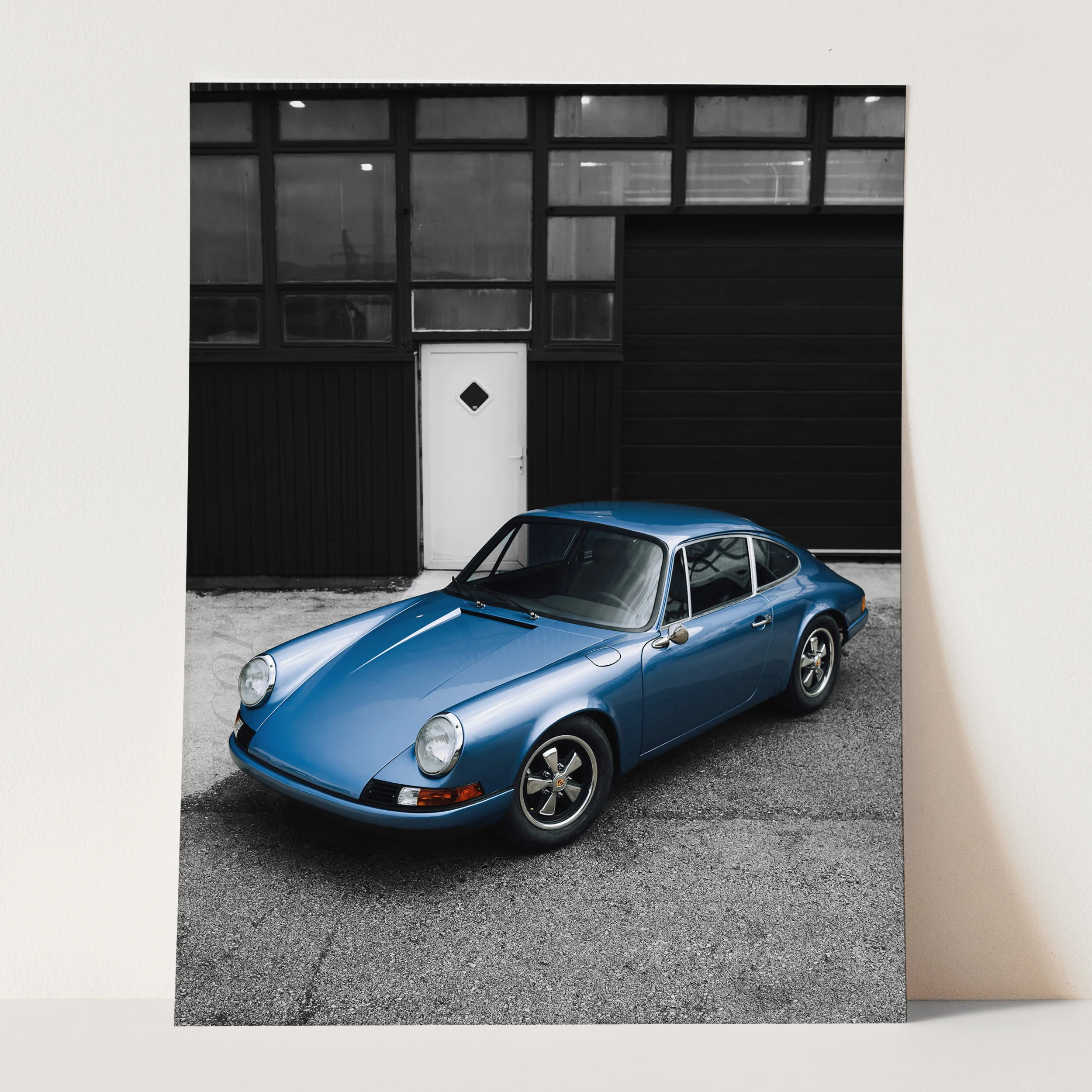 Old Blue Porsche 911 on Black & White - Image 3