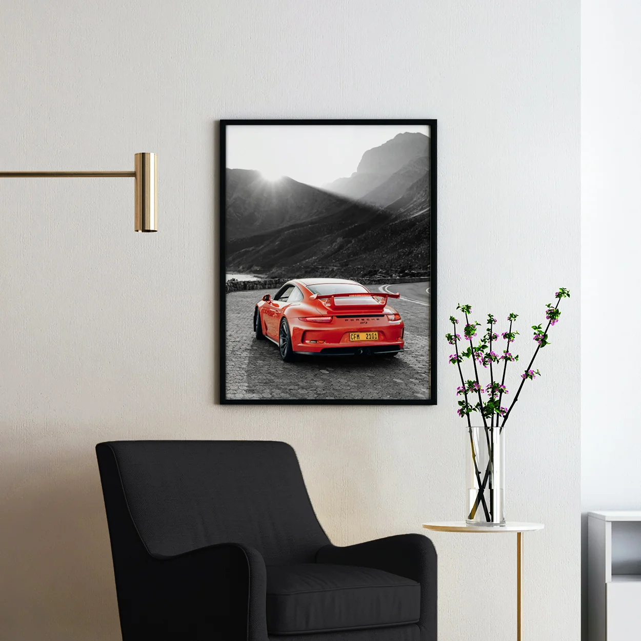 Red Porsche GT3 Landscape Black & White - Image 2