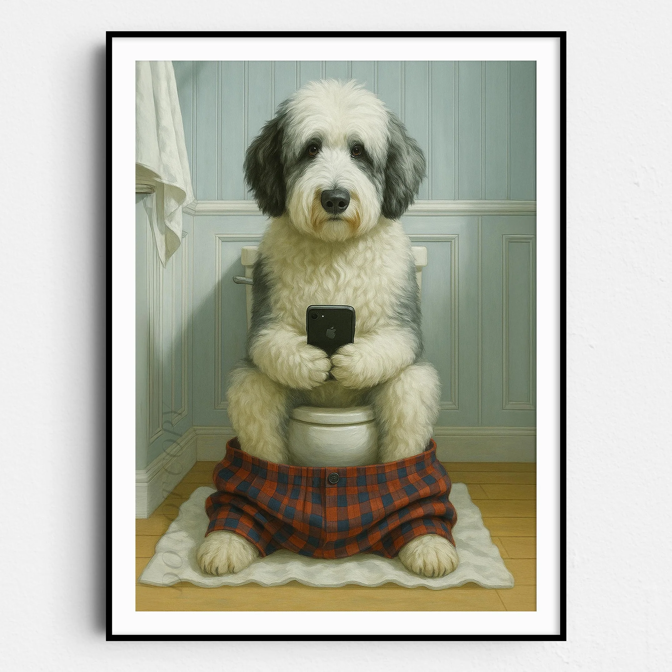 Sheepadoodle Dog On The Phone On The Toilet