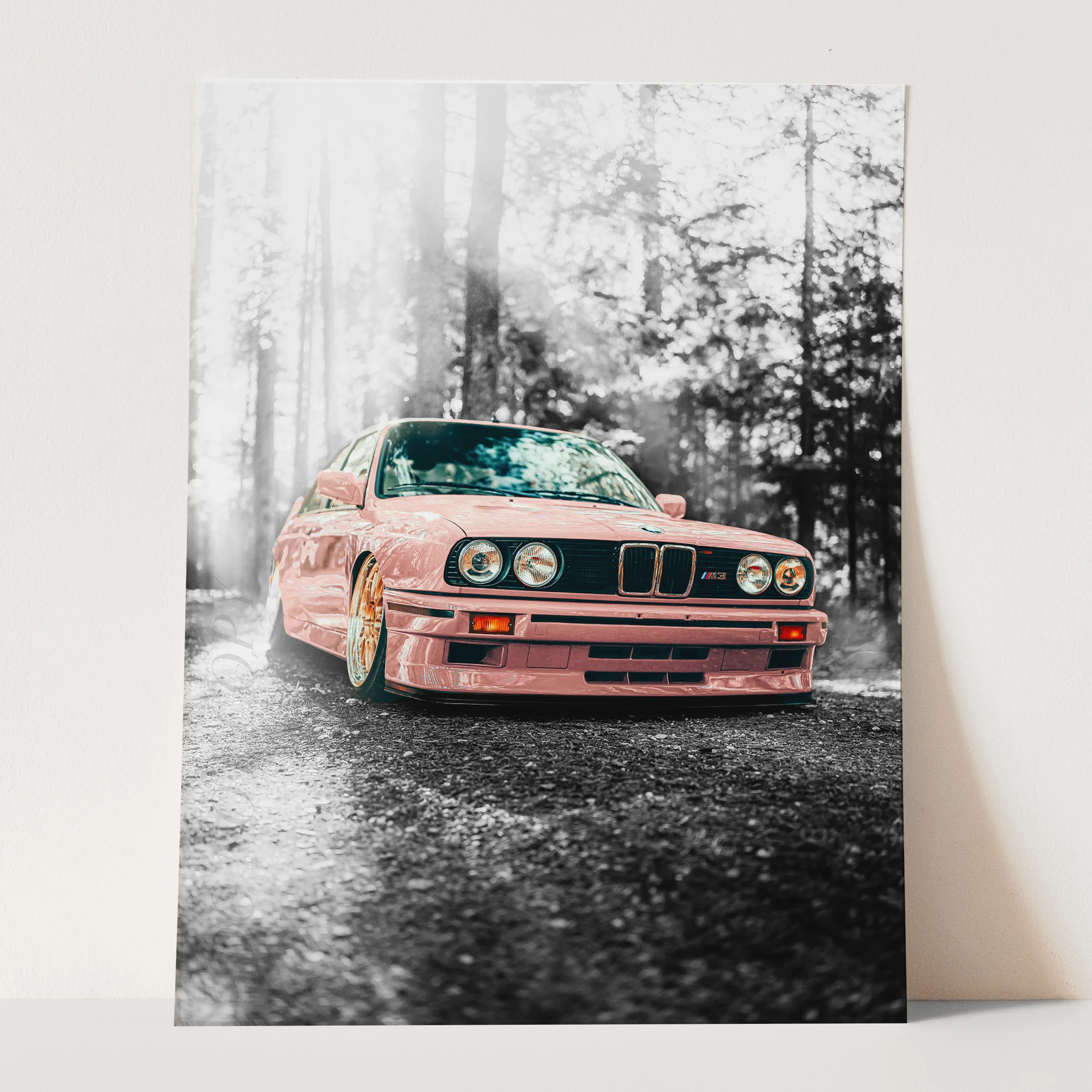 Vintage Pink BMW on Black & White - Image 3